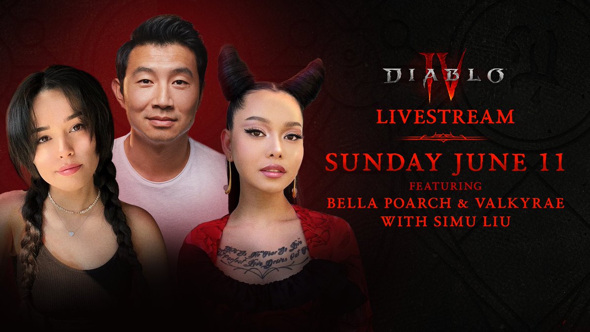 Diablo's tweet image. The unholy trinity 🩸🕯️🌹

June 11 at 4pm PT @SimuLiu, @bellapoarch, &amp;amp; @Valkyrae are teaming up to take on #DiabloIV

twitch.tv/bellapoarch | youtube.com/@Valkyrae