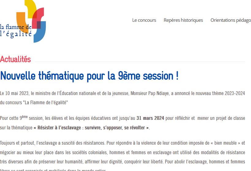 [#Concours]Le concours La flamme de l'égalité 2023-2024 fera raisonner Histoire et EMC en #2BacPro 
thématique "Résister à l'esclavage : survivre, s'opposer, se révolter"
laflammedelegalite.org
