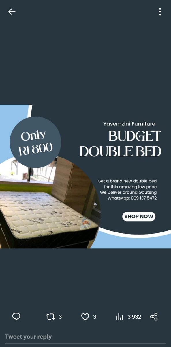 YasemziniSA's tweet photo. Brand New Bamboo Beds
Single bed: R1300
3/4 bed: R1600
Double bed: R2300
Queen bed: R2800
Delivery: From R250 COD
WhatsApp: 069 137 5472
#MaskedSingerSA Pearl Thusi Miss SA Mzambiya Uncle Waffles Size 6 Bullying Lebo #SingleAndMingle Chiefs Mamelodi Sundowns Bafana Bafana https://t.co/xx23tgeDAD