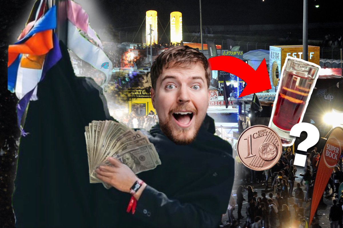 ontem tavamos bebados a jantar e lembramo-nos de quando o mr beast foi à queima do porto, comprou todas as barracas para oferecer shots aos estudantes e virou o dux veteranorum