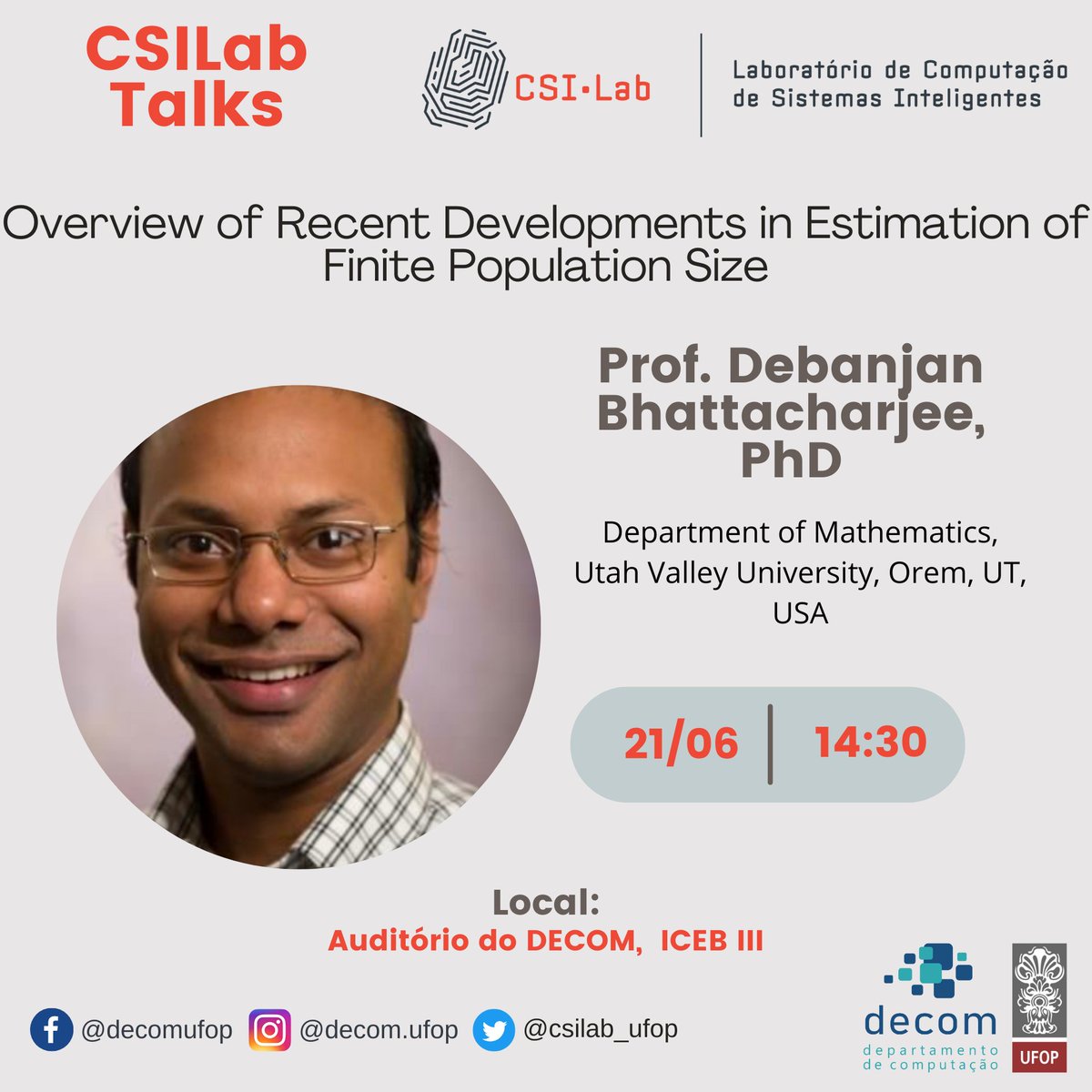 CSILab_UFOP's tweet photo. It will be a pleasure to welcome Prof. Debanjan! https://t.co/LwazxWlfjh