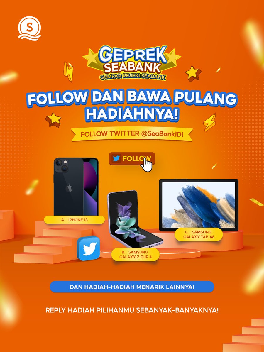 🎁GADGET SPESIAL BUAT SOBAT SEABANK!!📷 Ada IPHONE 13, Samsung Galaxy Z Flip 4, Samsung Galaxy TAB A8 LTE, dan hadiah menarik lainnya. Langsung aja ikuti langkah berikut: 
1. FOLLOW <a href="/SeaBankID/">SeaBank Indonesia</a>
2. RT &amp; REPLY Hadiah Pilihanmu
Cek kesempatan lainnya di👉x.com/search?q=(%23g…