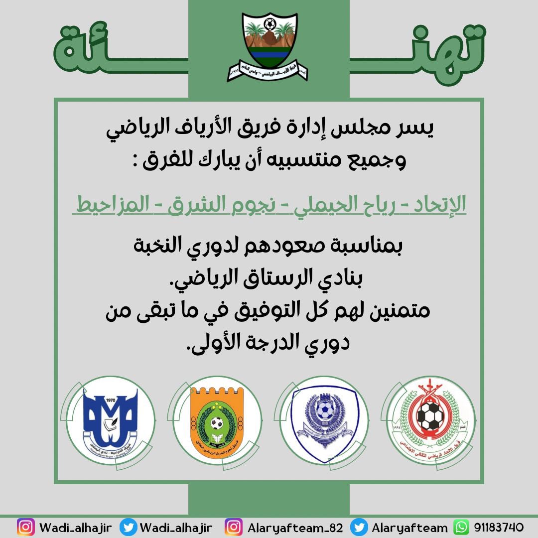 AlaryafTeam's tweet photo. يسر مجلس إدارة #فريق_الأرياف الرياضي وجميع منتسبيه. 
أن يبارك لفرق ( الإتحاد و رياح الحيملي والمزاحيط ونجوم الشرق ) بمناسبة صعودهم لدوري النخبة بنادي الرستاق الرياضي.
متمنين لهم كل التوفيق في ما تبقى من دوري الدرجة الأولى. https://t.co/ynSmH8dAlh
