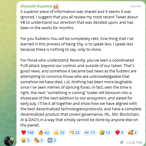 Hey $SHIB Family <a href="/ShytoshiKusama/">Shytoshi Kusama™</a> has just posted a message in the #SHIBARIUM Tech TG for all of you.

In case you missed it he said "A superior piece of information was shared and it seems it was ignored. I suggest that you all review my most recent Tweet about VB to understand