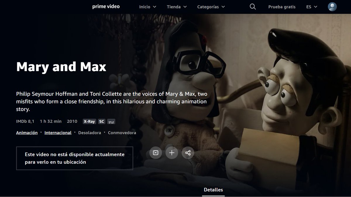 "Mary and Max"
-Orígen: Australia 
-Director: Adam Elliot
-Año: 2009

Sitios donde verla: prime video y playhub playhublite.com/movies/24238