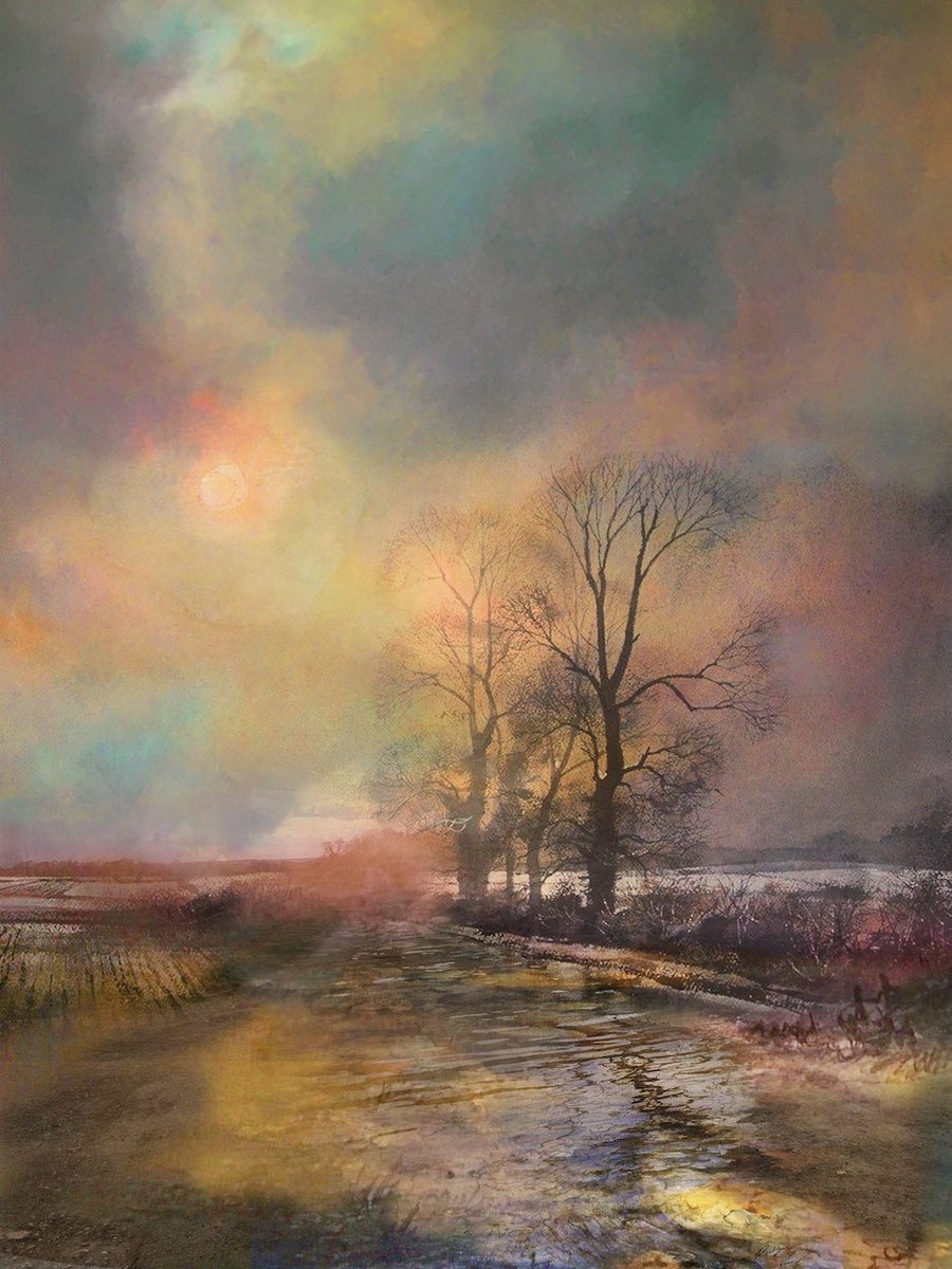 Continuing ‘The Sunset Series’ with ‘The Lane, Winter Trees’ #art #watercolour #barkby #pastels #painting #contemporaryart #ArtistOnTwitter #Leicestershire