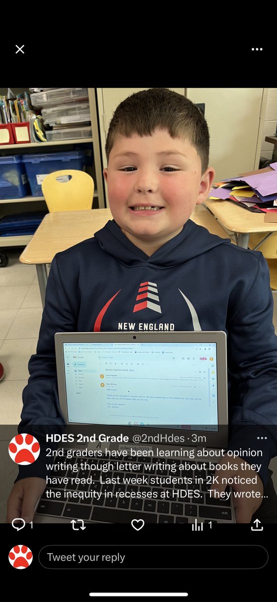 2ndHdes's tweet photo. 2nd graders have been learning about opinion writing through letter writing about books they have read. Last week students in 2K noticed the inequity in recesses at HDES. They wrote emails to their principals sharing their opinions. #hdespride https://t.co/ULPoyPs8w1