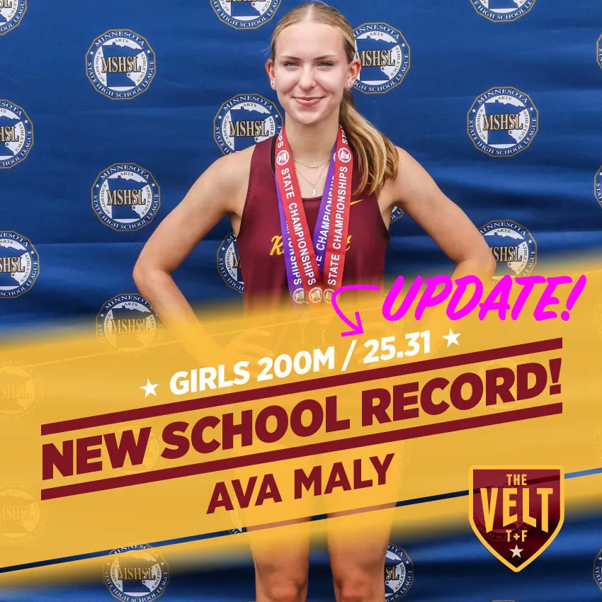 🐻🏃📣 ‼️UPDATE‼️ A new school track record in the 200m! Ava Maly runs a 25.31 time in the MN State Finals to update her spot in the RHS record book. Improves on her previous record of 25.71. Well done Ava! #TheVeltMpls #TeddyNation #WeAreRoosevelt