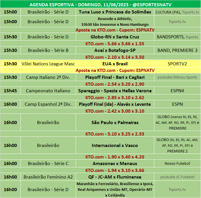 Esportes Na TV 📺 on X: A agenda esportiva desta SEGUNDA-FEIRA (09/10/2023) Faça sua aposta na @KTO_brasil utilizando o cupom ESPNATV no cadastro e garanta 20% de bônus no seu primeiro depósito!