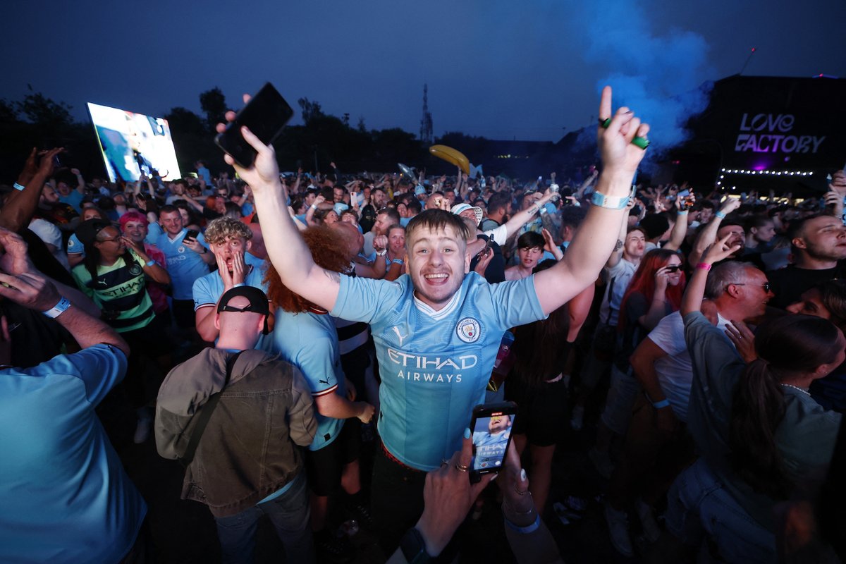 Manchester City fans were seen celebrating into the evening in the city’s 4TheFans Fan Park after their Champions League Final win over Inter Milan.