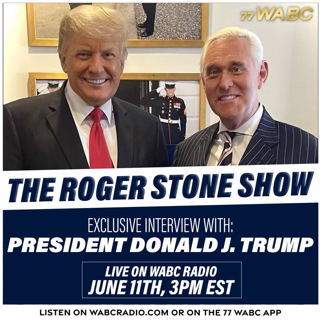 President @realDonaldTrump will join me for the debut of “The Roger Stone Show” on WABC Radio, tomorrow at 3 PM ET: WABCRadio.com or on the 77 WABC APP!