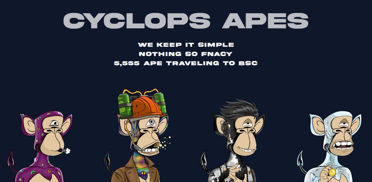 🙉We are building the best society
🙉 Soon make your Cyclops ape NFT without chain, choose your tribe and multiply.
Be ready to enter the game and receive the CAPE token. Good luck❤️
cyclopsapes.xyz
<a href="/CyclopsApes/">Cyclops Apes ᴺᶠᵀ</a> 
#cape #game #token #freemint #bnb #nft #BSC