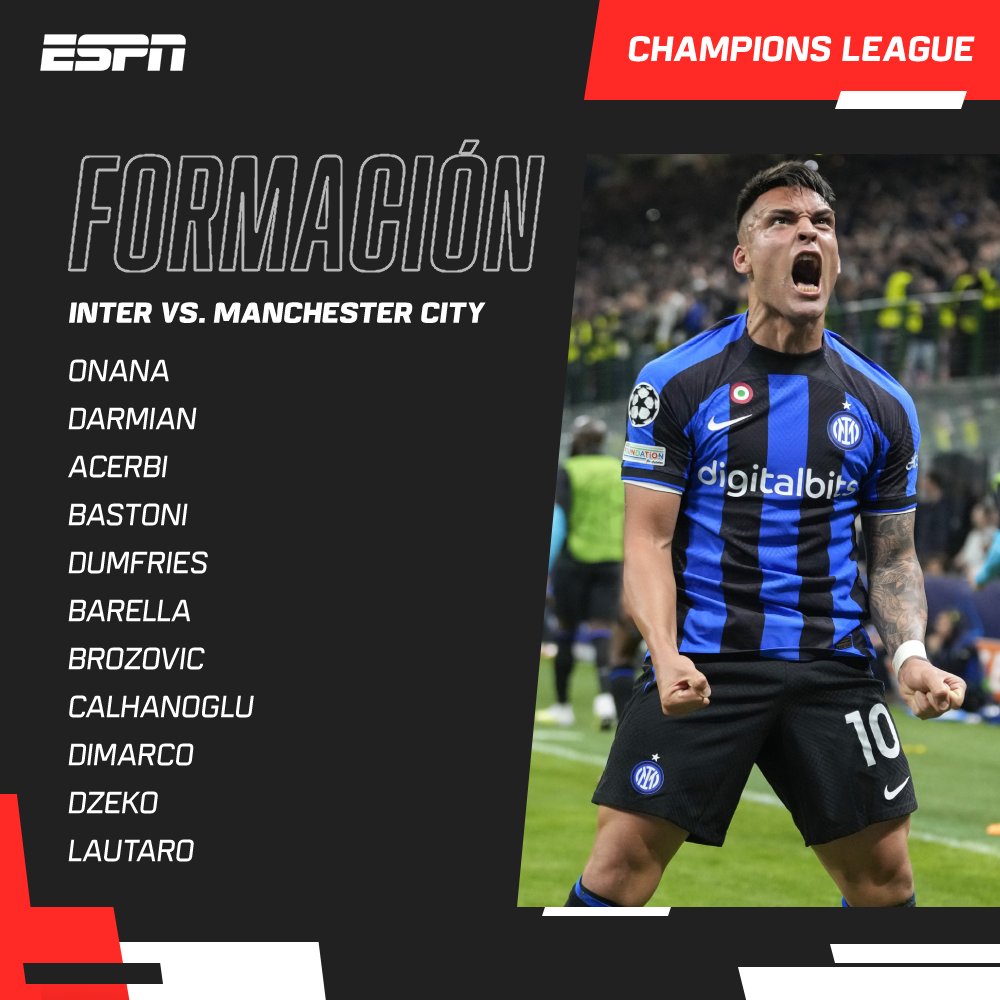 ¡LOS 22 ELEGIDOS!

Así formarán #ManchesterCity e #Inter en Estambul.

📺 #CHAMPIONSxESPN | #MiraloEnStarPlus