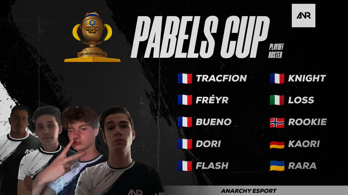 ANR_eSport's tweet image. 𝐈𝐧𝐭𝐫𝐨𝐝𝐮𝐜𝐢𝐧𝐠 our @pabels2104 #PabelsCup PlayOff roster..

🇫🇷 @Trac7ion_CR 
🇫🇷 @DelFreyr 
🇫🇷 @GangBueno 
🇫🇷 @Be_Pikaa 
🇫🇷 @Flash_Cr5 
🇫🇷 @The_Knight_CR 
🇮🇹 @nerf_heroes 
🇳🇴 @RookieCRyay 
🇩🇪 @Kaori_cr 
🇺🇦 Rara

#ForzAnarchy ⚪️⚫️

🎨 @CatZ_CR
