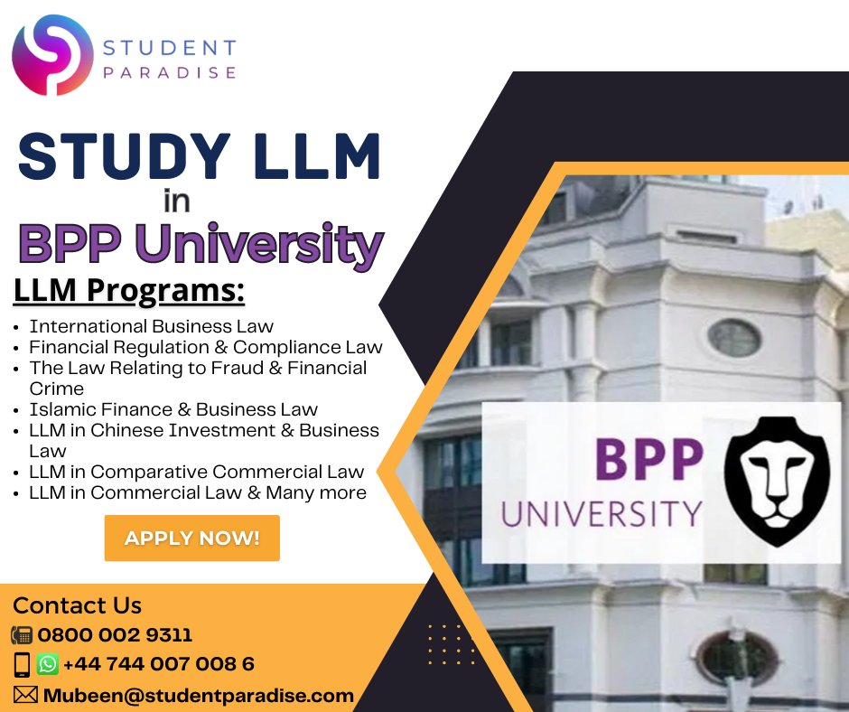 StudenParadise's tweet image. Take your legal career to new heights!  Apply now for LLM programs at BPP University through Student Paradise. Enhance your expertise, gain practical skills, and unlock a world of opportunities in the legal field.
#StudyAbroad #LLMPrograms #BPPUniversity #StudentParadise