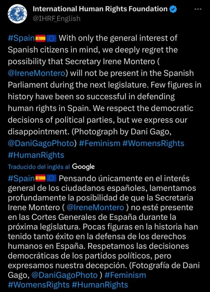<a href="/IHRF_English/">International Human Rights Foundation</a> <a href="/PabloIglesias/">Pablo Iglesias 🔻{R}</a> <a href="/IreneMontero/">Irene Montero</a> <a href="/PODEMOS/">Podemos</a> <a href="/ionebelarra/">Ione Belarra</a> <a href="/PodemosCongreso/">Podemos Congreso</a>