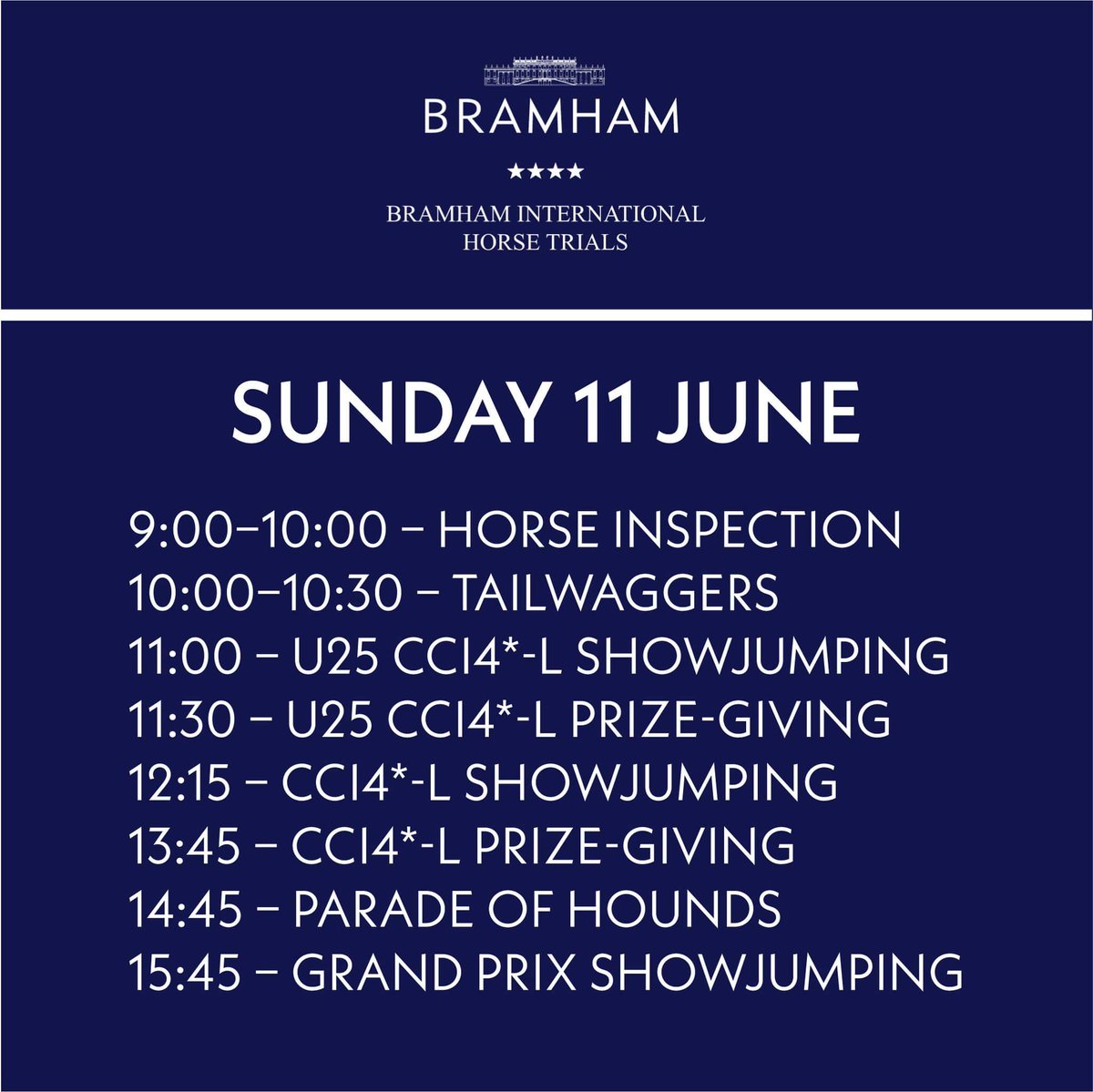 🚨 UPDATE TO SUNDAY'S TIMETABLE 

We've tweaked some timings to the proceedings tomorrow for those of you joining us for a thrilling climax to this year's event. Head over to the website for the full lowdown: bramham-horse.co.uk
#bramhambuzz #bramhamhorsetrials #here4horses