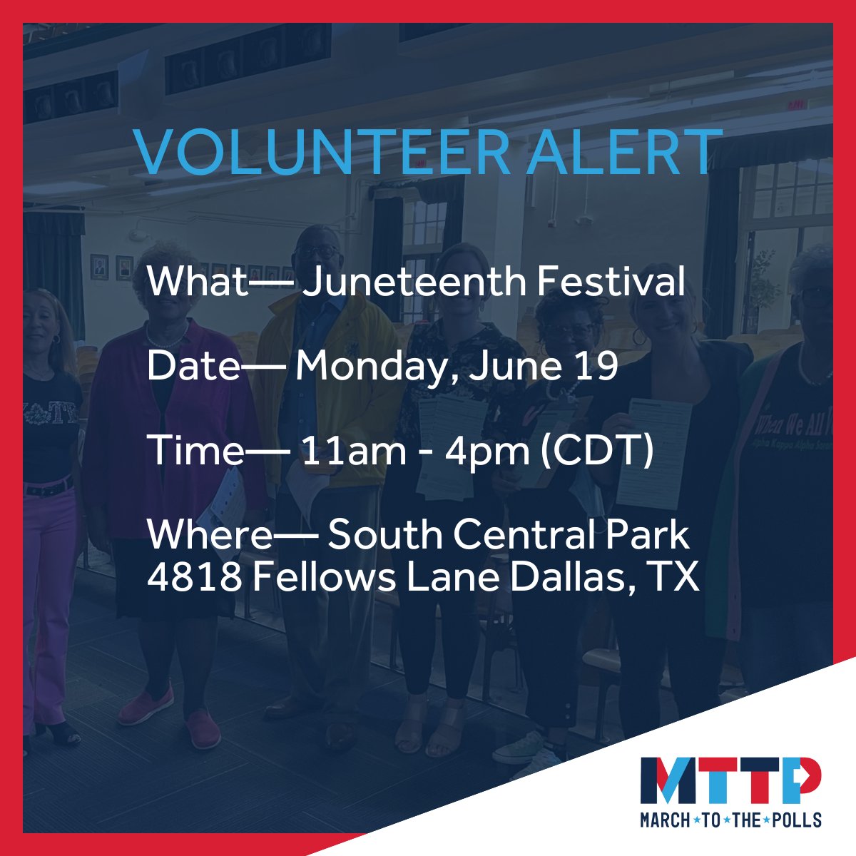 We're looking for volunteers to help out with Joppa's Juneteenth Festival! This exciting event will feature music, yummy food, raffles, and soooooo much more. Please email Hannah@marchtothepolls.org to sign up to volunteer! 👍 #Juneteenth #VolunteerOpportunities