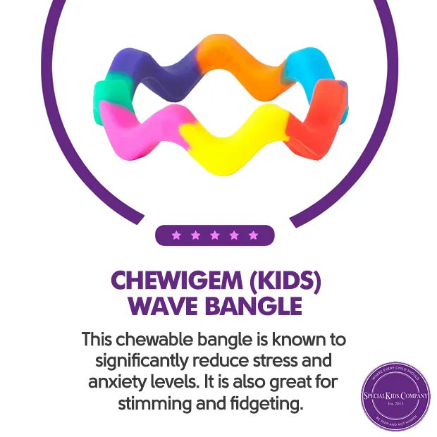 This chewable bangle is ideal for children and adults who suffer from SPD Sensory Processing Disorder or those who feel the need to stim and chew. 🌈 

#specialkids #specialneeds #speacialneedsuk #autism #autismuk #downsyndrome #ADHD #ADD #sensorytoys #kidsgarments #kidsclothes