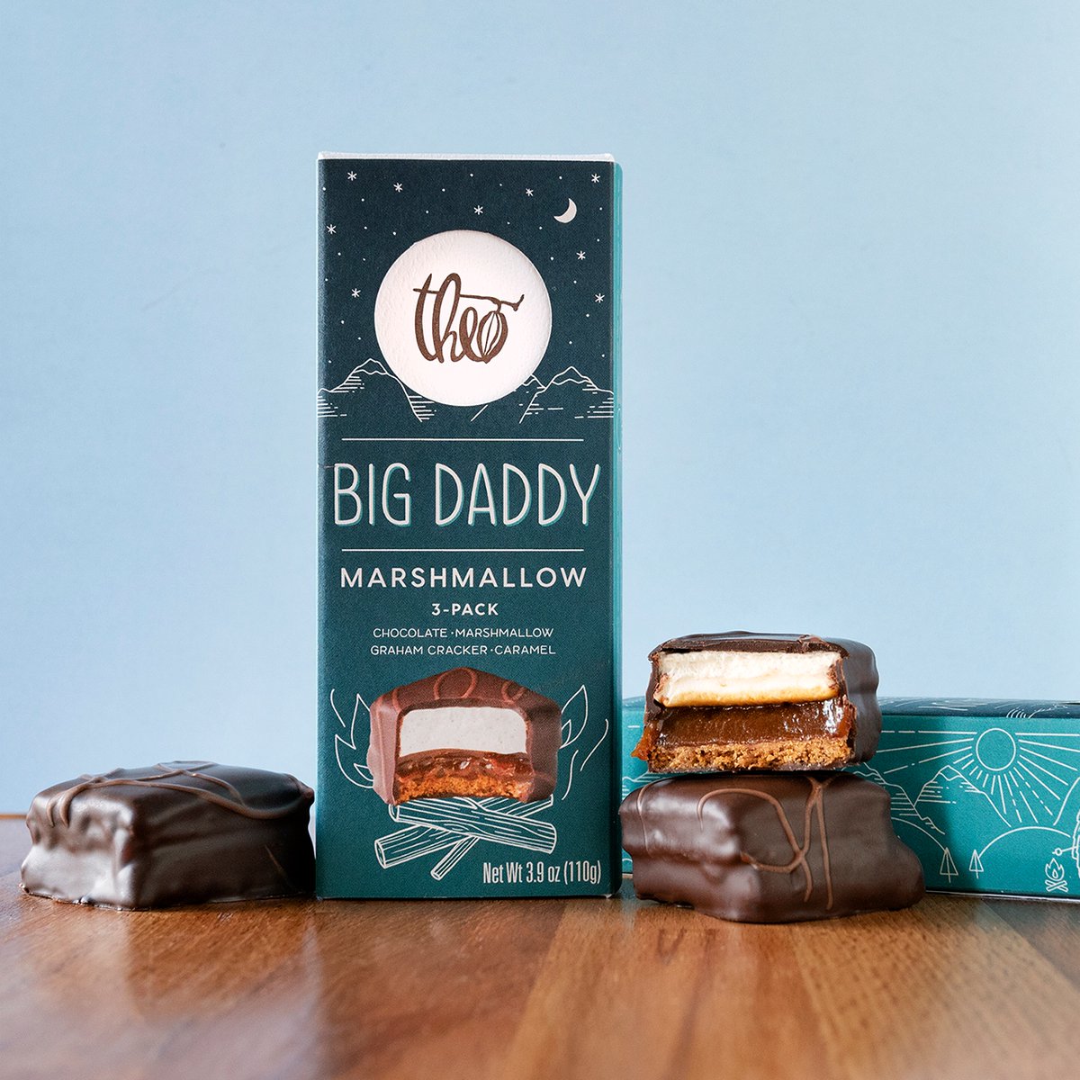 Our Big Daddy Marshmallow is s'more fun, less mess. Made by hand in our confection kitchen, it's our unique take on a s'more you can enjoy any time - with or without a campfire. ⁠