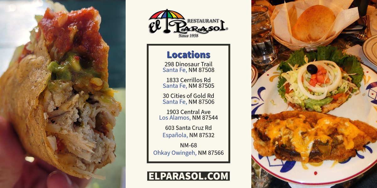 El Parasol is a family owned chain of six restaurants, serving delicious, traditional New Mexican food for almost 60 years | #Espanola, #LosAlamos, #SantaFe, #Pojoaque - ow.ly/S4Lh50JW9Om

#dining #lunch #whatscooking #comfortfood #NomNom #cuisine #spicy #NewMexico