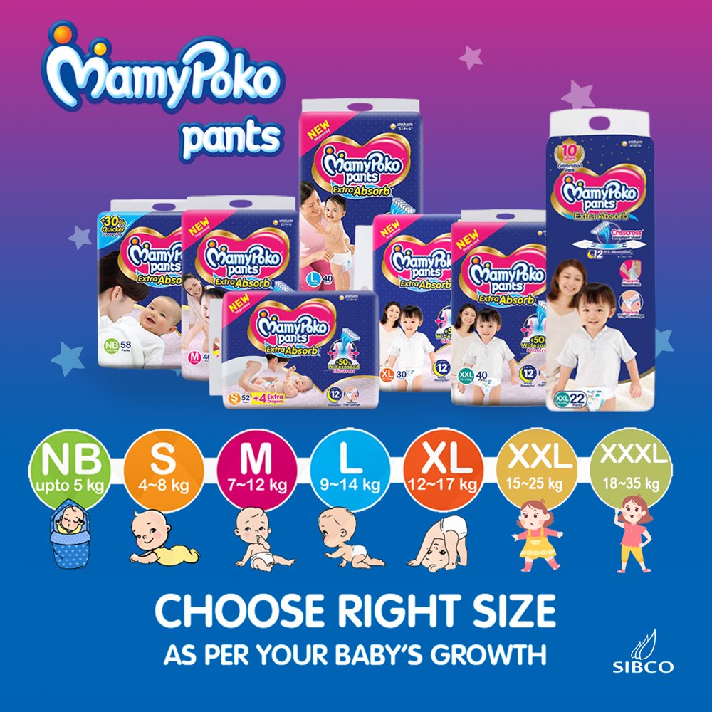 sibcomv's tweet image. Choose the right size as per your baby's growth. We've got the entire range from New Born to XXX-Large.

#sibcomv #mamypokopants #weightchart
