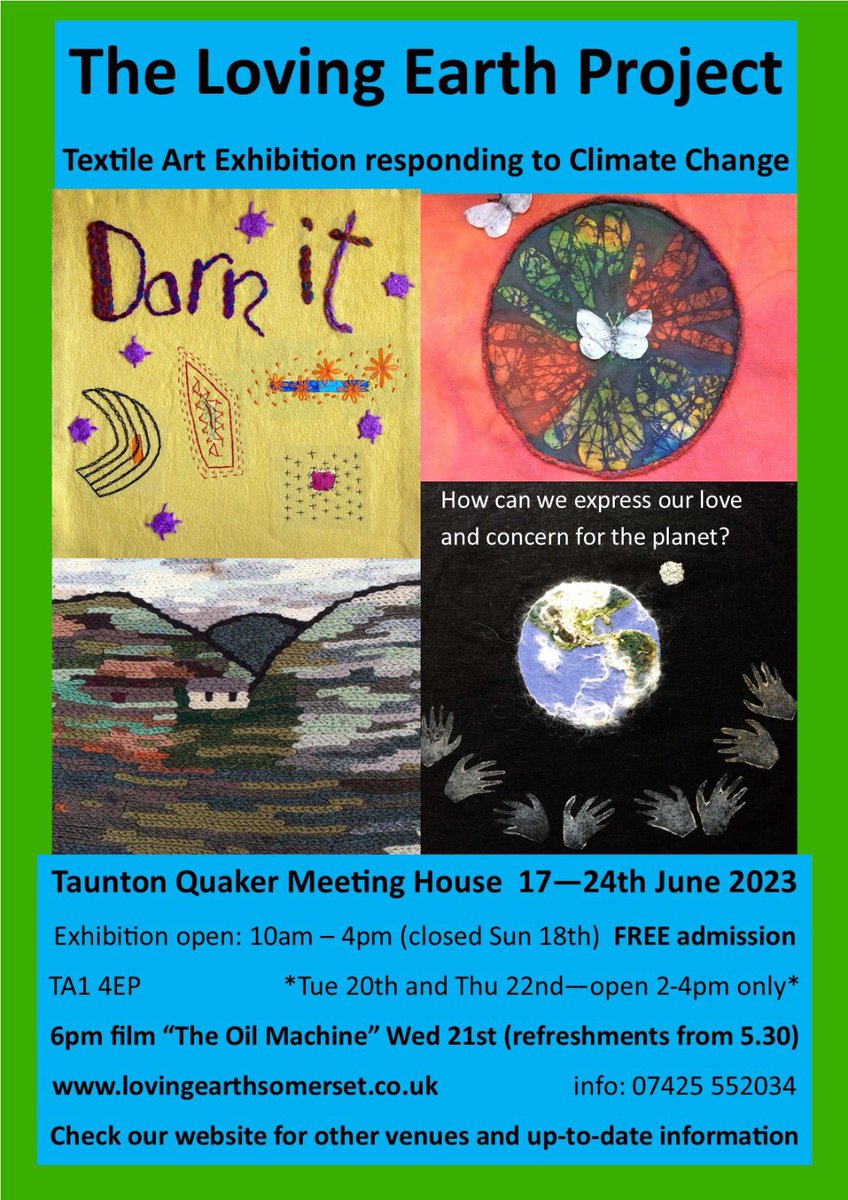 The #LovingEarthProject Exhibition at Taunton Meeting House is soon on  June 17 - June 24 2023.

<a href="/TauntonToGo/">The Taunton Gazette</a> <a href="/SomersetLib/">Somerset Libraries</a> <a href="/bbcsomerset/">BBC Somerset</a> <a href="/SomersetWT/">Somerset Wildlife Trust</a> <a href="/lovingearthpro1/">lovingearthproject</a> <a href="/BritishQuakers/">Quakers in Britain</a> 

lovingearth-project.uk/event/lep-exhi…
