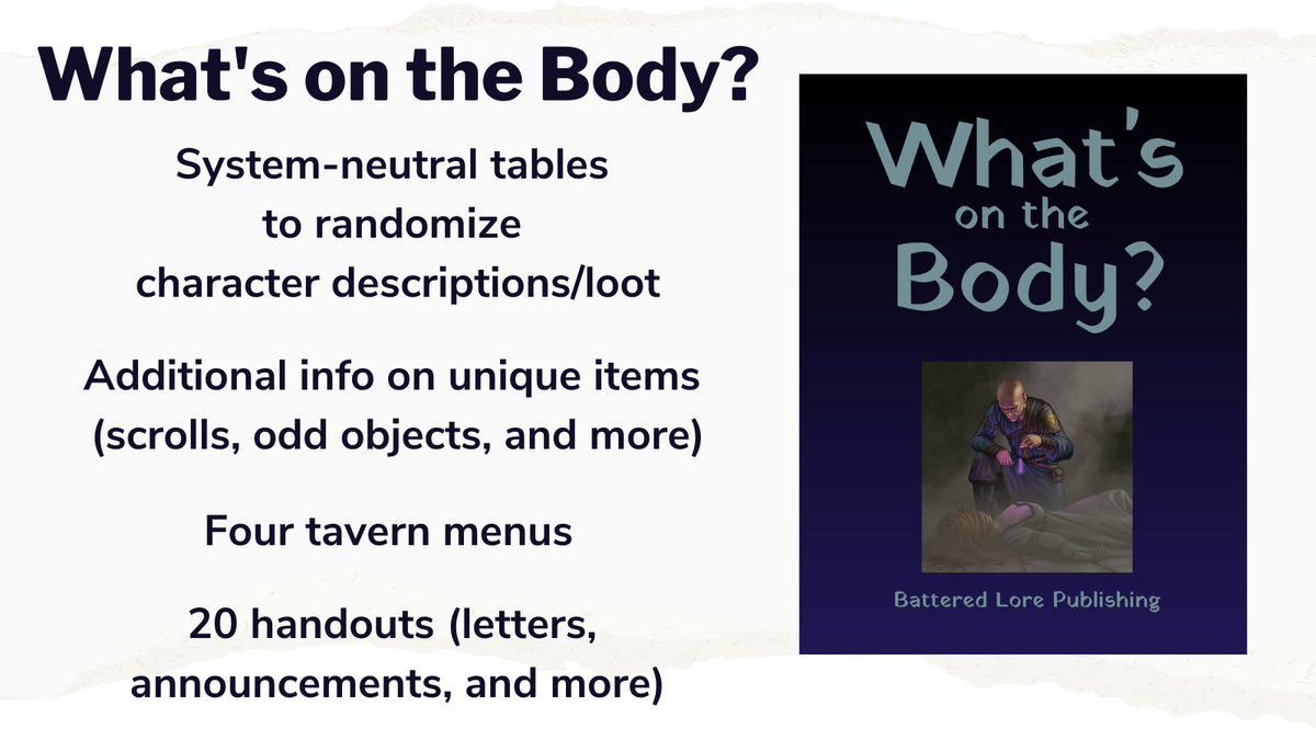 Battered Lore Publishing (@batteredlore) on Twitter photo What’s on the Body? is a GM resource that includes 20 handouts you can give your players.
Make your games come to life while sparking interesting side quests. #ttrpgcommunity #ttrpg
Available on <a href="/DriveThruRPG/">DriveThruRPG</a> drivethrurpg.com/product/431568… What’s on the Body? is a GM resource that includes 20 handouts you can give your players.
Make your games come to life while sparking interesting side quests. #ttrpgcommunity #ttrpg
Available on <a href="/DriveThruRPG/">DriveThruRPG</a> drivethrurpg.com/product/431568…