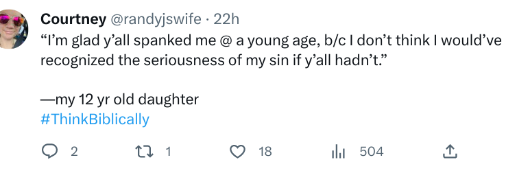 JanaB5555's tweet photo. Imagine a young child being grateful for a spanking?
(a euphemism) and to believe it removes sin?
It is preached. It is wrong. It is evil.
There is always a way to teach w/o inflicting pain. .
PS: Remiof a parentnds me spanking kid & then kid must hug parent. #StopSpanking https://t.co/9r50nIPGpQ