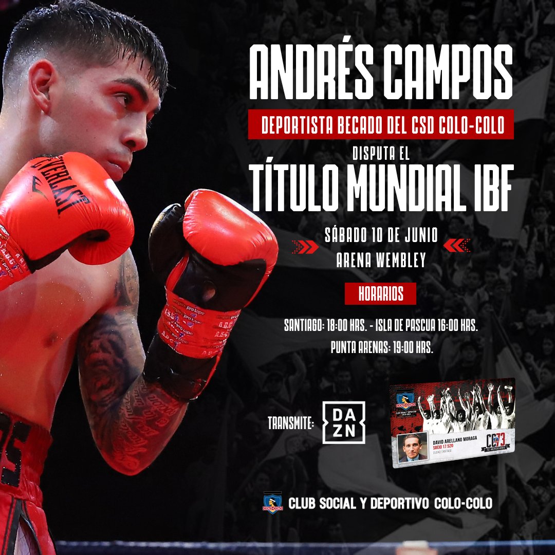 CSDColoColo's tweet photo. ¡𝐄𝐒 𝐇𝐎𝐘! 🤩🥊

Nuestro campeón Andrés Campos desafía al actual Campeón Mundial Peso Mosca, Sunny Edwards desde las 18:00 hora de Chile 🇨🇱

¡Todos juntos contigo Andrés, a hacer historia! 👊🏽 https://t.co/IsUdP61Qlz