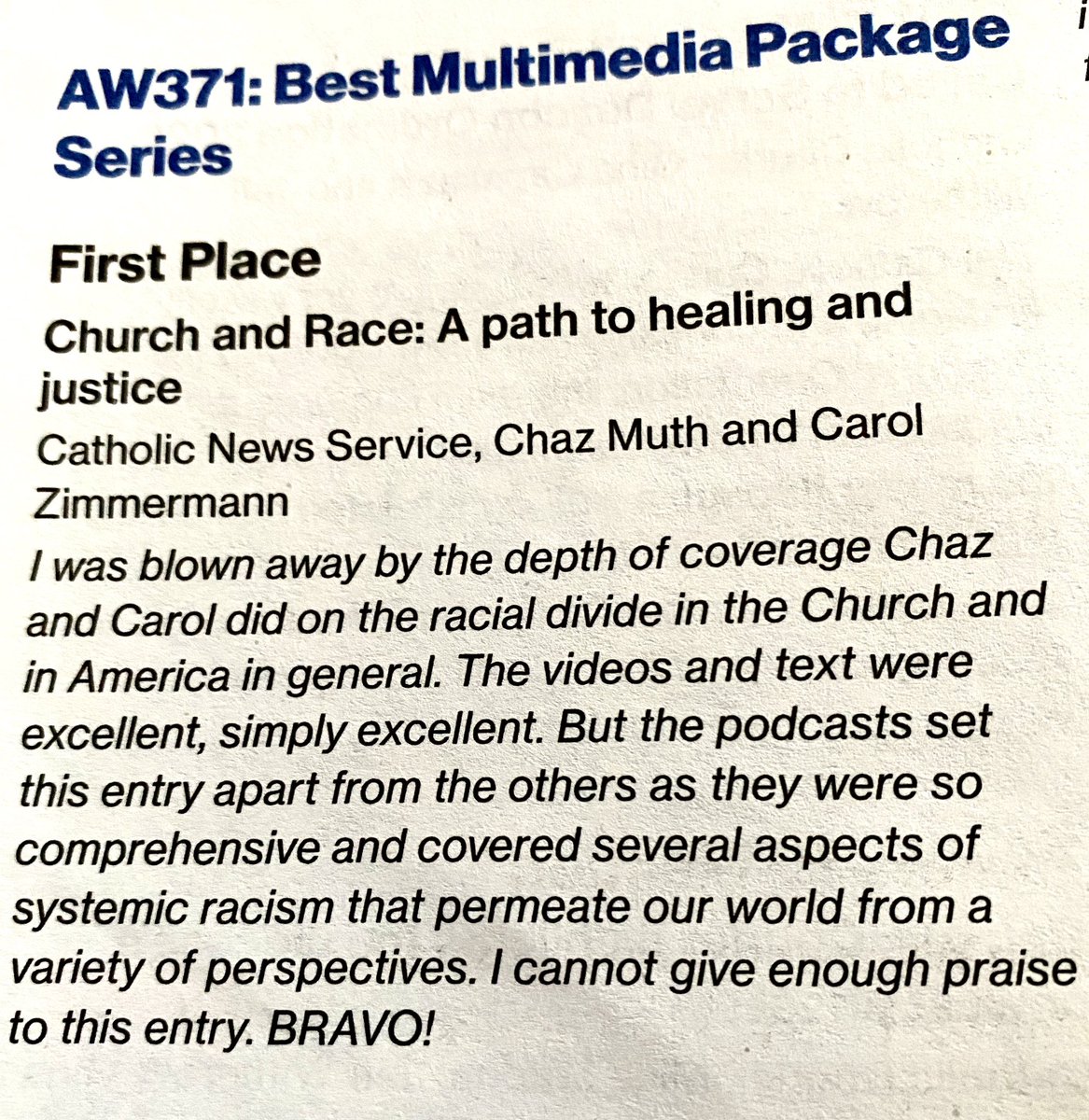 Chazmaniandevyl's tweet photo. My colleagues at @CatholicNewsSvc took home 39 awards from #CMCBaltimore, including the Franny for @bfraze and first place awards in digital media, news, sports, photography and Spanish categories. Congratulations to you all. @carolmaczim @GregErlandson @Cindy_Wooden @CarolGlatz https://t.co/Gl3SP4Gbv1