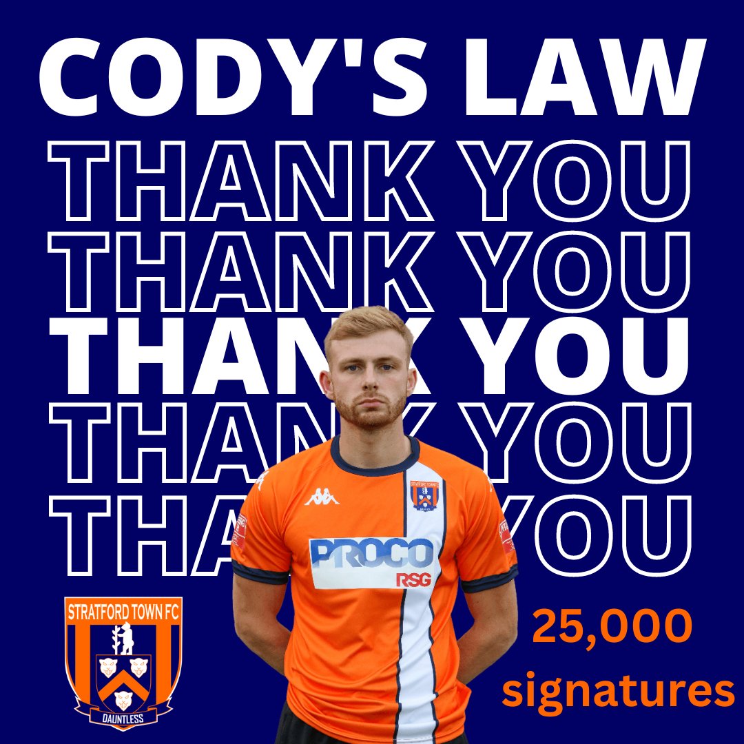 Stratford Town FC (@stratfordtownfc) on Twitter photo Thank you to everyone who has supported the Cody’s Law campaign to make metal detectors and bleed kits a lawful requirement for clubs and events. Today we achieved the 25,000 signatures required to take the campaign to <a href="/UKParliament/">UK Parliament</a>. <a href="/SouthernLeague1/">The Pitching In Southern Football League</a> <a href="/BBCCWR/">BBC Coventry & Warwickshire</a> <a href="/HeraldNewspaper/">Stratford Herald</a> Thank you to everyone who has supported the Cody’s Law campaign to make metal detectors and bleed kits a lawful requirement for clubs and events. Today we achieved the 25,000 signatures required to take the campaign to <a href="/UKParliament/">UK Parliament</a>. <a href="/SouthernLeague1/">The Pitching In Southern Football League</a> <a href="/BBCCWR/">BBC Coventry & Warwickshire</a> <a href="/HeraldNewspaper/">Stratford Herald</a>