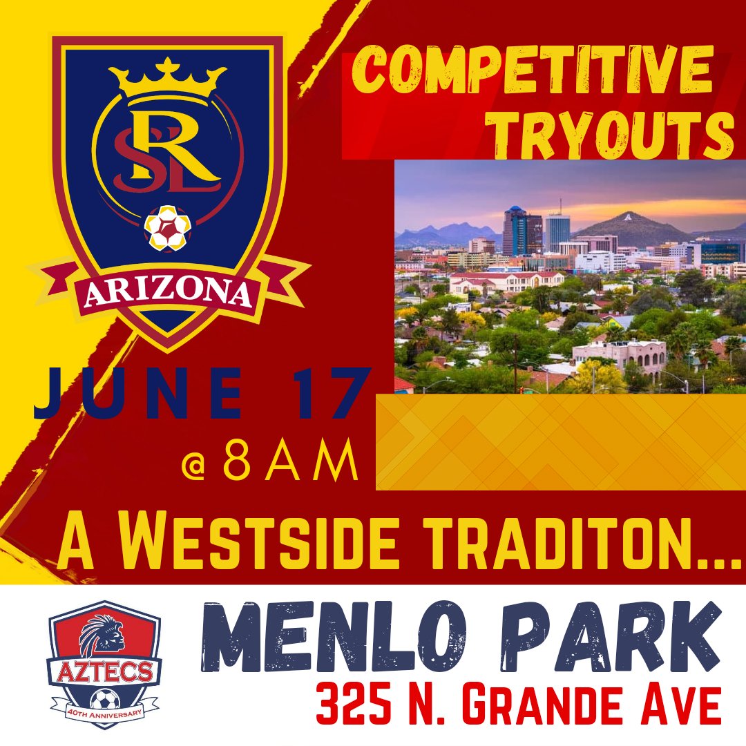 Calling  Westside soccer families! Come out next Saturday the 17th, 8AM at Menlo Park. 

Carrying on the Aztec tradition, we are forming competitive teams based out of Tucson's Westside!

RSVP online at RSLAZSOCCER.COM/placements 
#rslaz #realsaltlakeaz #aztecssoccer