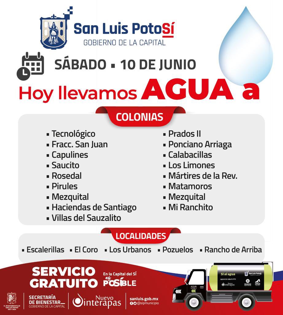 💧Conoce la ruta de distribución del Plan Emergente #SíAlAgua para este sábado 10 de junio.

Las pipas de <a href="/Interapas/">Interapas SLP</a> y <a href="/BienestarMpalSL/">Secretaría de Bienestar Municipal SLP</a> reparten el líquido de manera gratuita en diferentes colonias y localidades.

¡Cuidemos el agua!