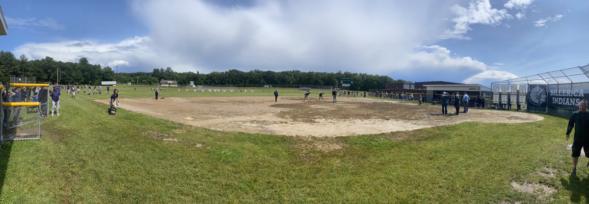 sb_raiders's tweet photo. Rain has passed. Sun is out. Grounds crew of Billerica working to get field playable. Hope to resume play at some point today. Teams starting to stretch. More speedy dry on the way. https://t.co/NpjPY2ikIM
