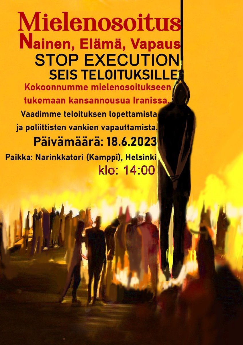 Seis teloituksille -mielenosoitus
Kokoonnumme mielenosoitukseen tukemaan #NainenElämäVapaus -kansannousua Iranissa. Vaadimme teloituksien lopettamista ja poliittisten vankien vapauttamista.
Päivämäärä: 18.6.2023 klo 14
Paikka: Narinkkatori, Helsinki
#JinJiyanAzadi
#زن_زندگی_آزادی