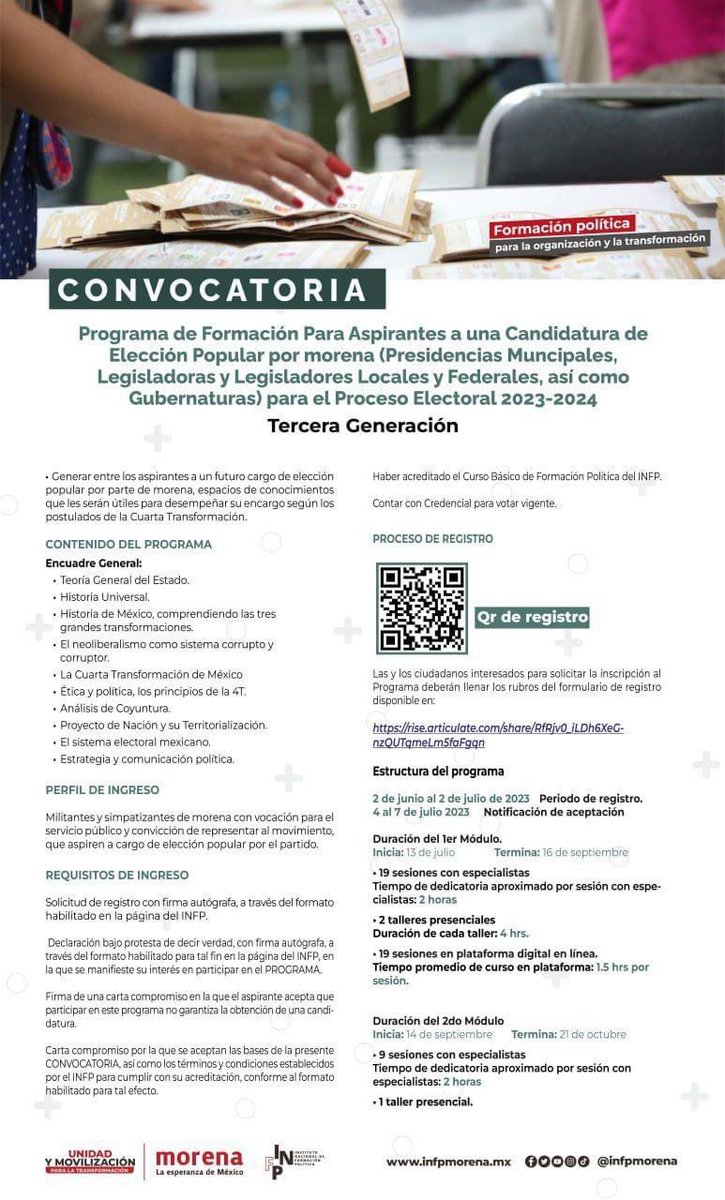 EmmanuelNj03's tweet photo. 📌Ya está abierta la convocatoria para participar en la Tercera generación del Programa de Formación para Aspirantes a cargos de elección popular por Morena para el proceso electoral 2023 y 2024. 
  
Formulario de registro disponible en: 
https://t.co/M3obieZ3Hh https://t.co/EDvPYAeK4h