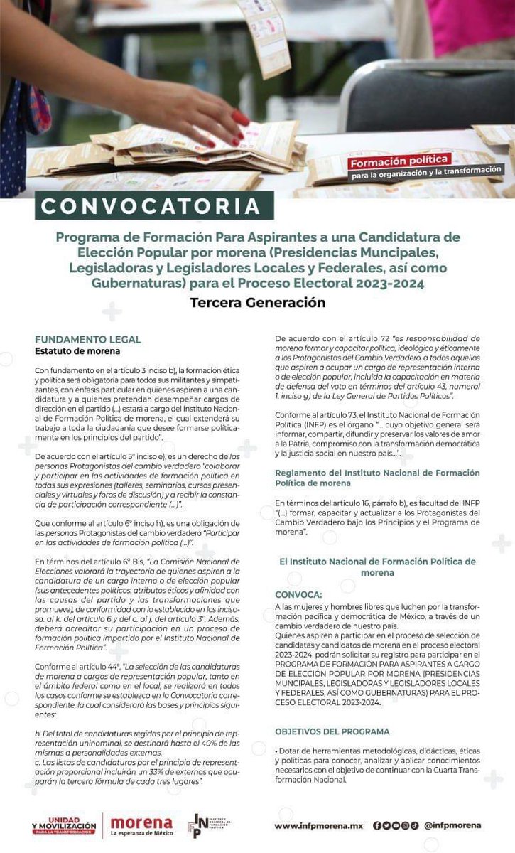 EmmanuelNj03's tweet photo. 📌Ya está abierta la convocatoria para participar en la Tercera generación del Programa de Formación para Aspirantes a cargos de elección popular por Morena para el proceso electoral 2023 y 2024. 
  
Formulario de registro disponible en: 
https://t.co/M3obieZ3Hh https://t.co/EDvPYAeK4h