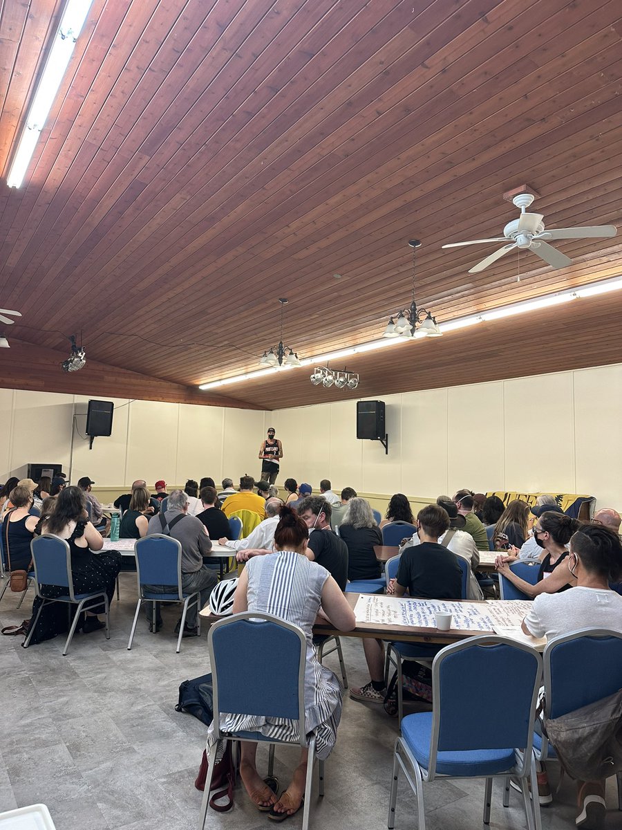 Close to 100 people out in #yeg today to learn how we can fight back against Danielle Smith and the UCP.

“If you see an encampment pop up in your neighbourhood, those are your neighbours now. Treat them as such.” <a href="/treatysix/">Bird lawyer</a>