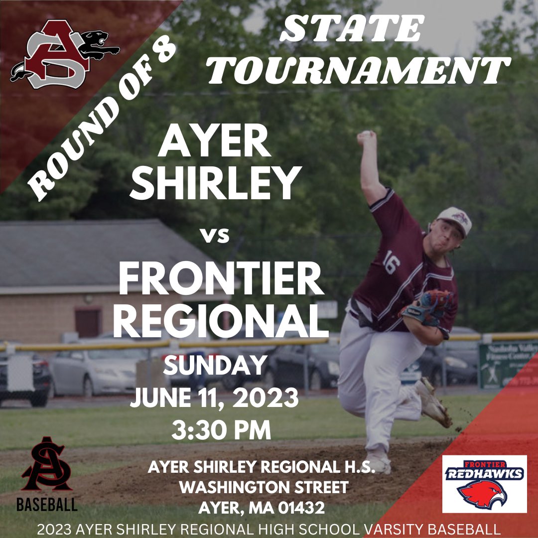 State Tournament Round of 8 tomorrow as the Panthers host the RedHawks of Frontier Regional. First pitch scheduled for 3:30pm, head on down to the Norton Athletic Complex and support the boys!