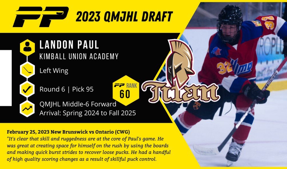 The Titan find some nice value in the 6th round, picking up native New Brunswicker, the scrappy and adaptive, Landon Paul 

#QDraft #RepêchageQ #GoTitanGo

puckpreps.com/whl-players/la…