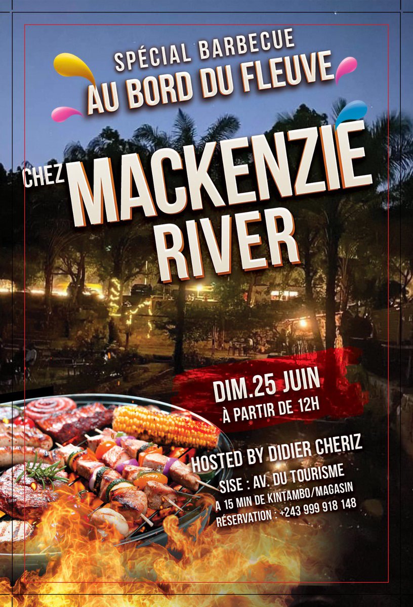 cherizdidier's tweet photo. Barbecue #PES’ELENGIII au bord du fleuve 
📆Ce dimanche 25 Juin 2023
⏰12h00
📍chez  MACKENZIE RIVER 
avenue du Tourisme : Nzela ya Mayi
A 15 minutes de kintambo Magasin
Hosted by @cherizdidier 🗣️🎙️🎵
Mix Dj surprise https://t.co/lua0BiM28P