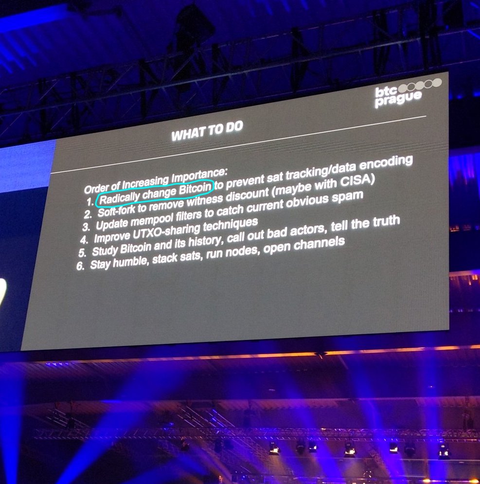 LeonidasNFT's tweet photo. BTC Prague just had a talk called "Ordinals Are Retarded" where a guy lectured the audience that they must "Radically change Bitcoin" to stop Ordinals.

Pretty embarrassing but on the bright side this is the first time someone has ever talked about change at a Bitcoin conference. https://t.co/r0UzICFfwr