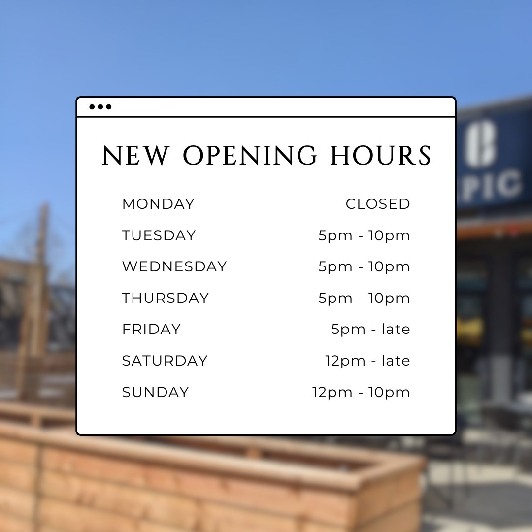 dine_epic's tweet photo. 🌟 EPIC 5th St is OPEN again! 🌟

Come see us soon during our new operating hours!
> Tue-Thu 5PM-10PM
> Fri 5PM - late
> Sat 12PM - late
> Sun 12PM - 10PM

Please note on June 10 &amp; 11 we'll be open at 5 pm for our soft opening.

#yegrestaurant #yegnews #yegdt #dineEPIC #epicyeg https://t.co/z96gBZNkEq