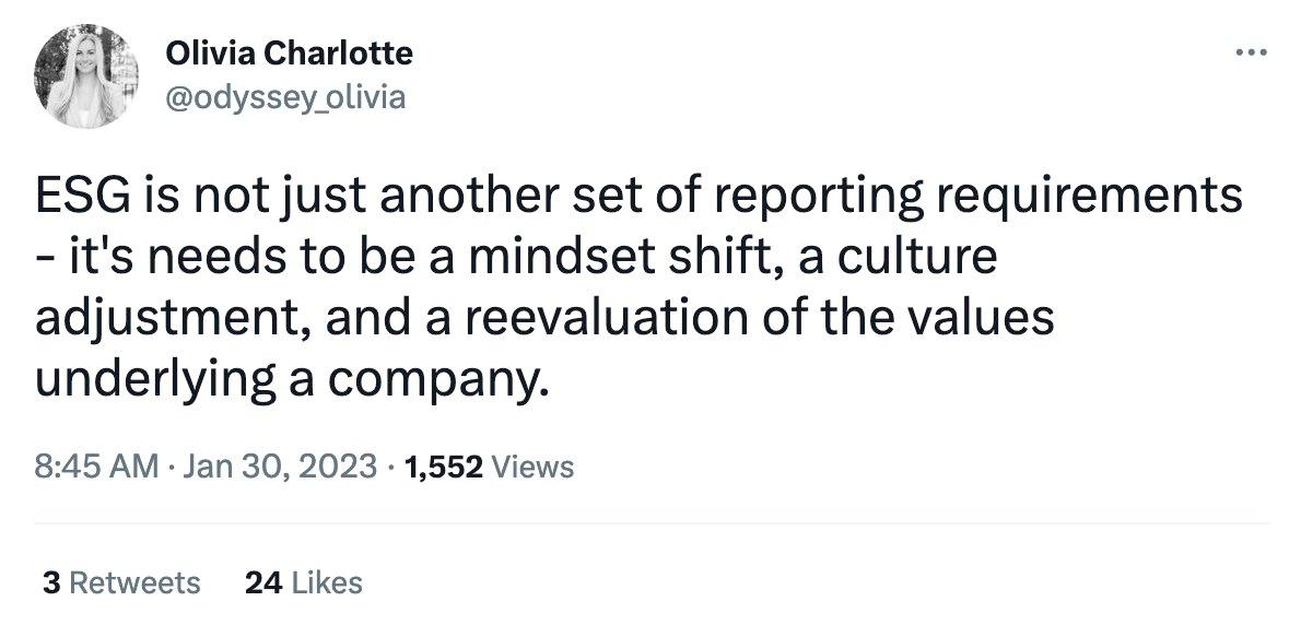 ESG was never about the environment; it's a new religion. It's also a scam to allow Leftists to take over companies with your retirement money. They'll force us into their 'mindset shift' and new values (through the inversion of praxis).