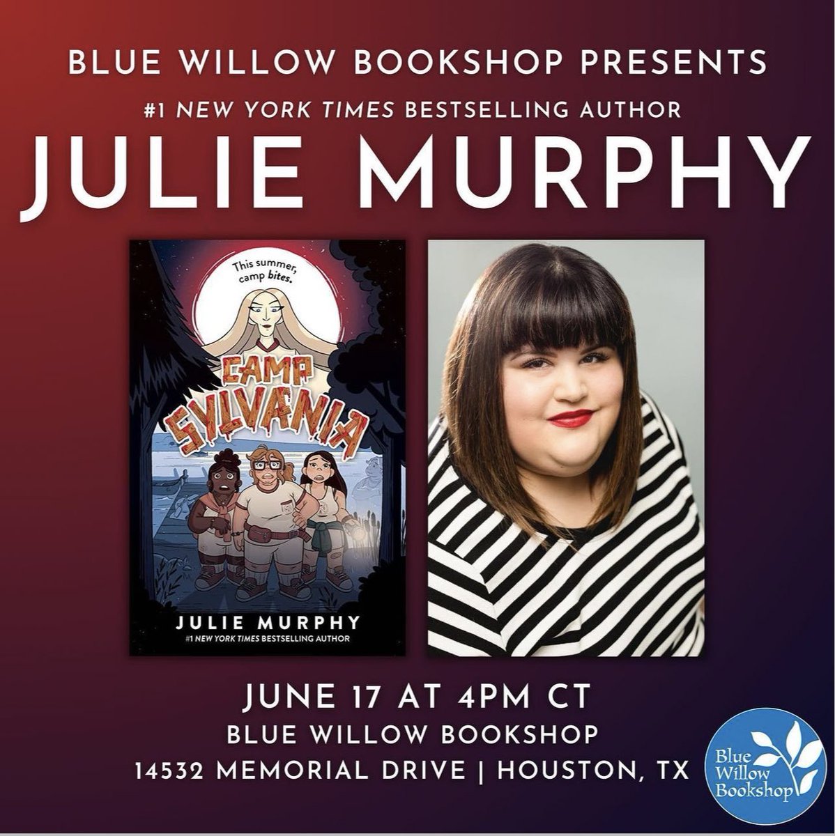Houston! Join me next Saturday at @BlueWillowBooks to chat all things Camp Sylvania! bluewillowbookshop.com/event/murphy-2…