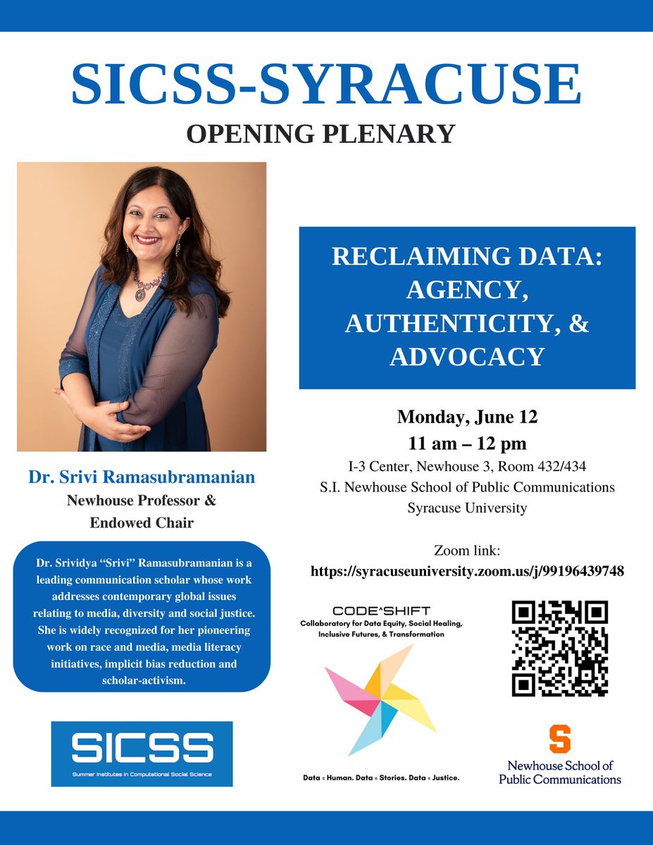 Please join my #plenary #talk on 'Reclaiming Data: Agency, Authenticity, and Advocacy' on Monday at 11 AM EST for the Summer Institute on #Computational #socialsciences 

#SICSS #syracuseuniversity #datascience #datajustice #powerofnumbers #quantcriticalism
