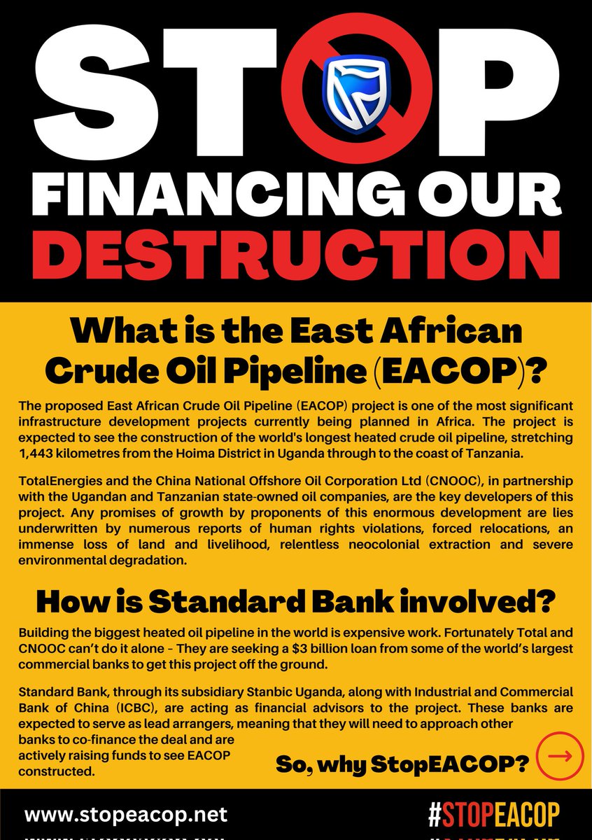 ZakiMamdoo's tweet photo. We'll be outside the @StandardBankZA AGM to make our voices heard alongside those of EACOP-affected communities & all those impacted by the careless profiteering which underpins SB's destructive investments. Join us in demanding the bank #DropEACOP & all projects like it. ✊✊✊ https://t.co/nUsLFZBFs8