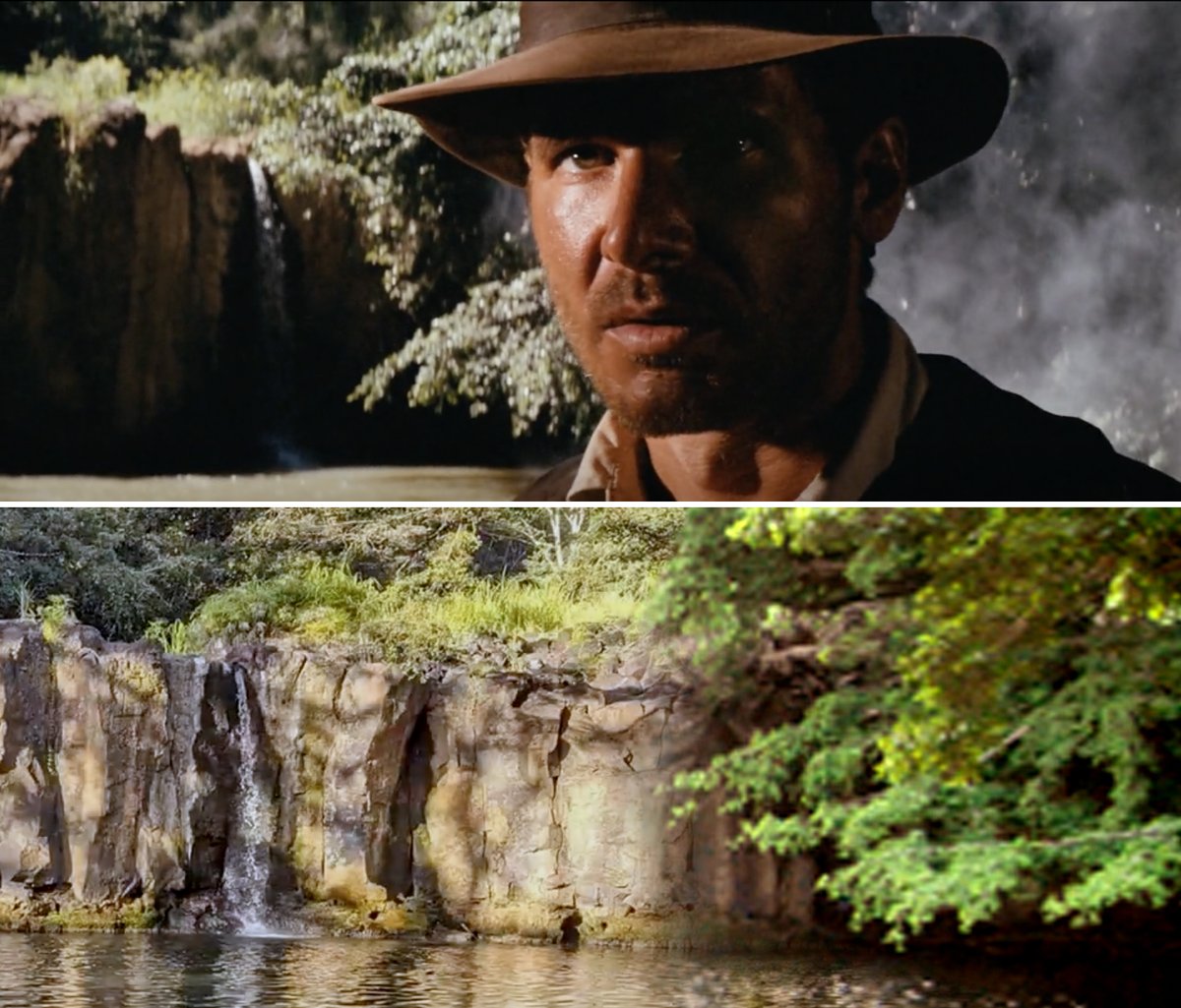 nycinfilm's tweet photo. 1981 vs 2021. From RAIDERS OF THE LOST ARK, the first time we ever see Indiana Jones is at Kipu Falls, Hawaii, doubling for the deep jungles of South America. #notNYC #MovieLocations #ThenNow #1980s https://t.co/ZSJRmbSPZ4