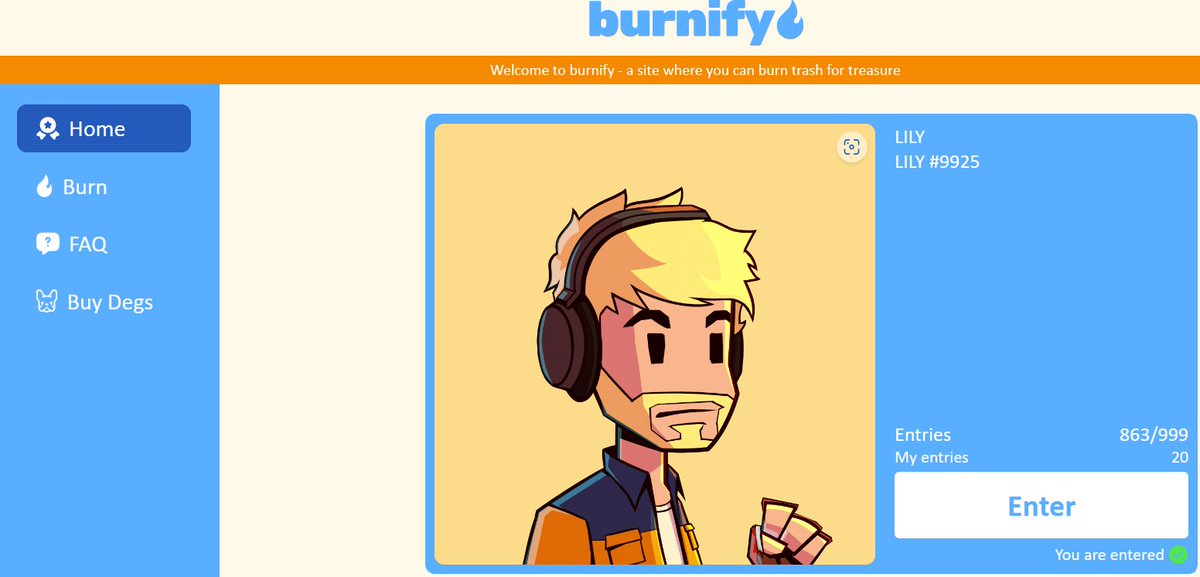 Ok, so the market isn't great right now.. so do you want some great news to cheer you up? 

Burn your old rugs for entries into a raffle at burnify.net! This is a product brought to you by the team <a href="/DegsNFT/">Degs NFT</a>! GIve it a try!